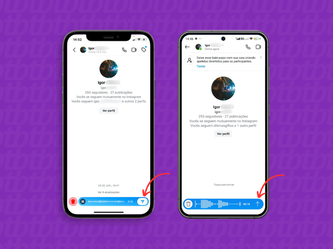 Enviando a mensagem de voz no chat do Instagram pelo celular