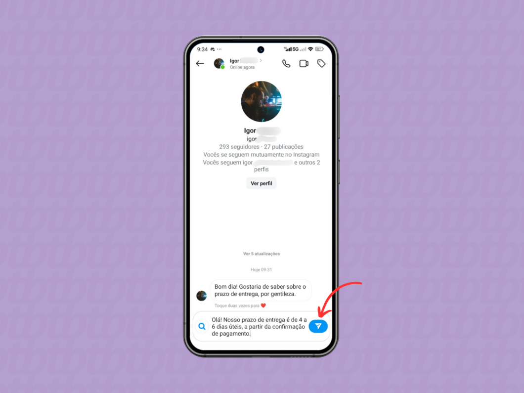 Enviando a mensagem rápida pelo chat do Instagram