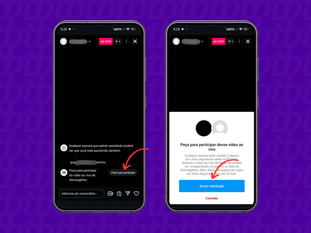 Enviando convite para participação na live do Instagram