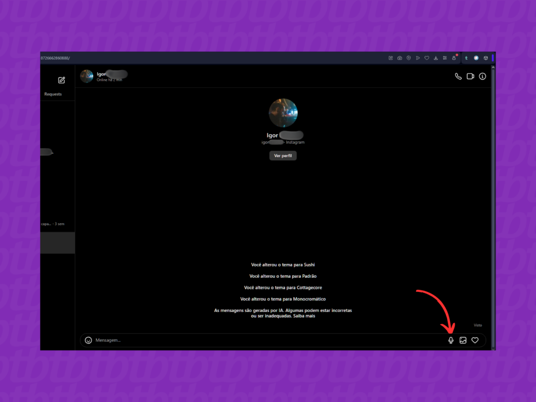 Gravando uma mensagem de voz na DM do Instagram pelo PC