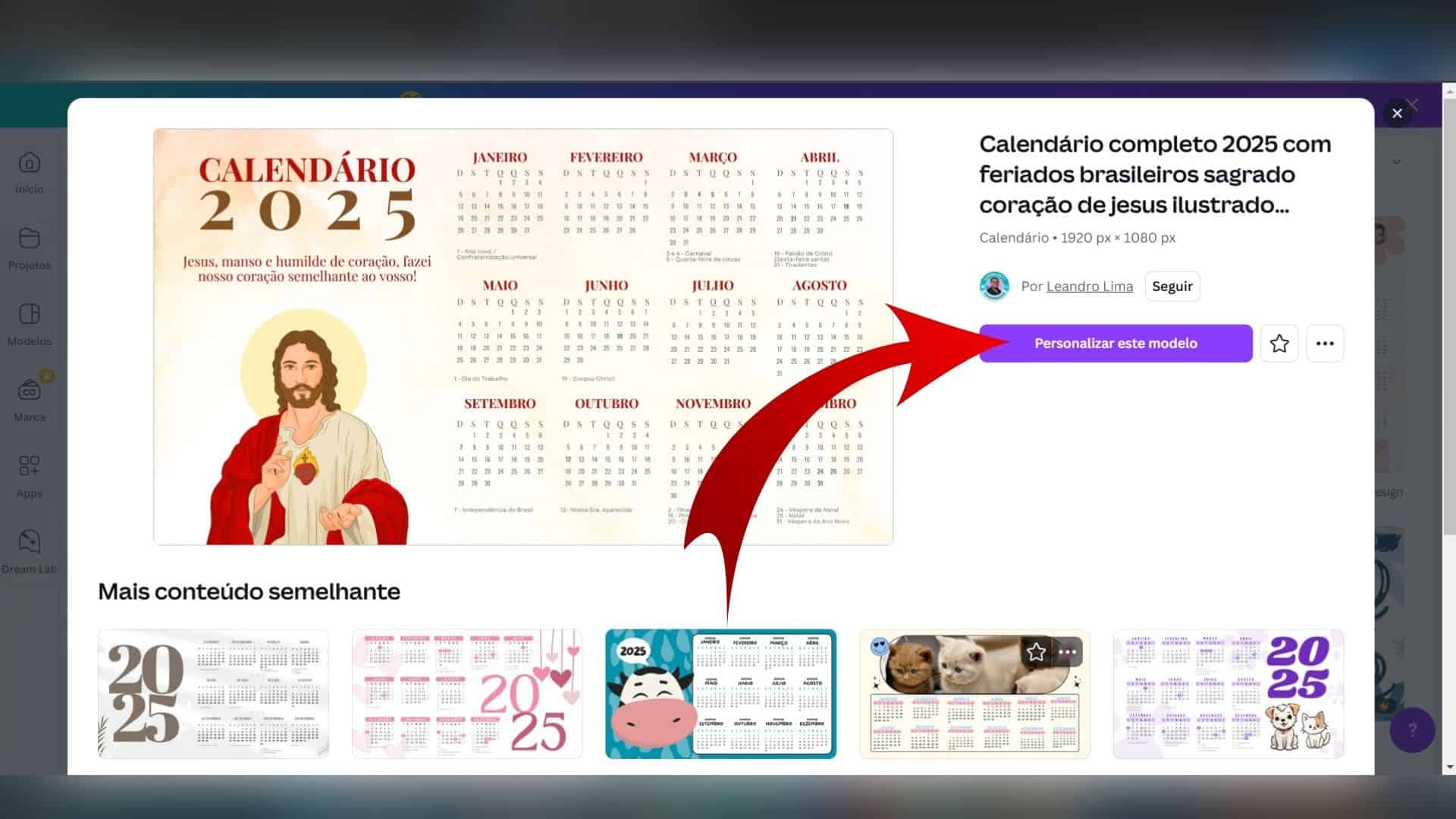 Iniciando a edição do modelo de calendário no Canva.