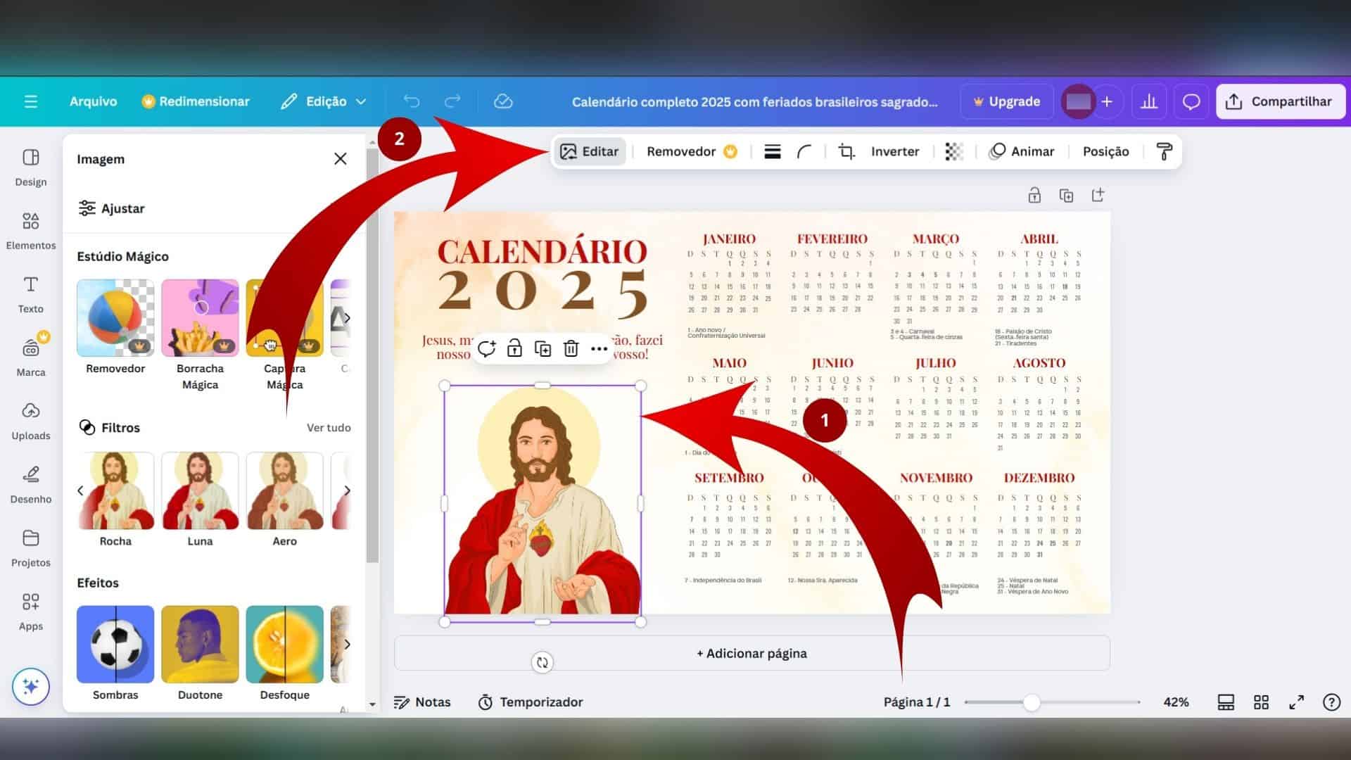 Alteração de imagens no calendário editado no Canva.