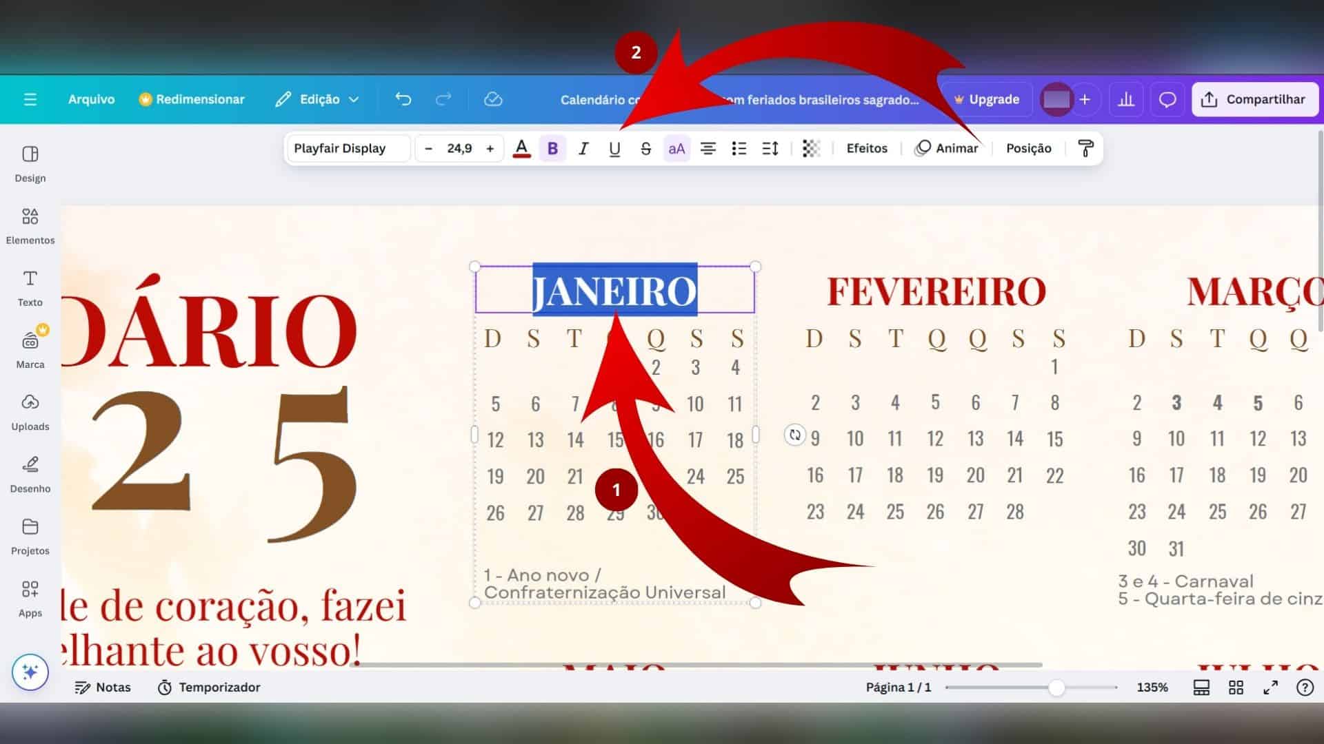 Personalizando textos no calendário no Canva.