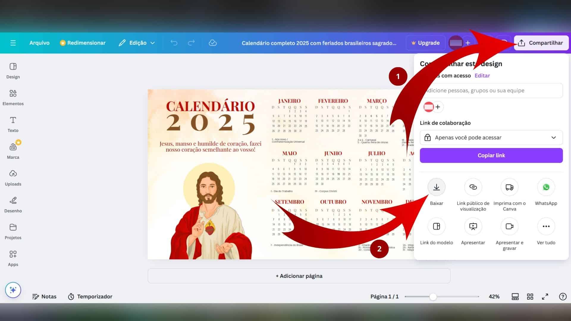 Acessando a área de download no Canva para calendário.