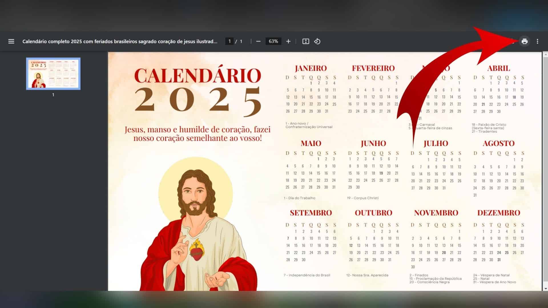 Iniciando a impressão do calendário de 2025.