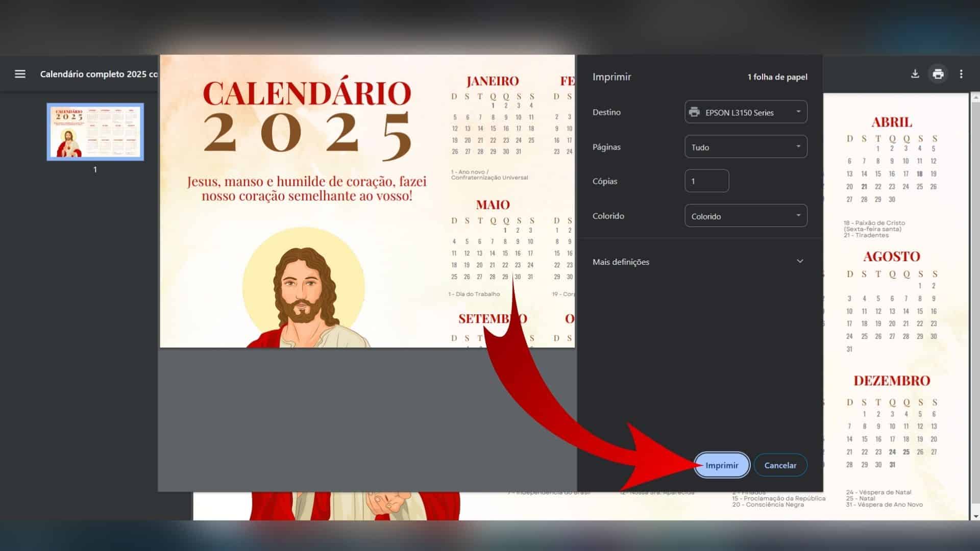 Configurações de impressão do calendário no Canva.