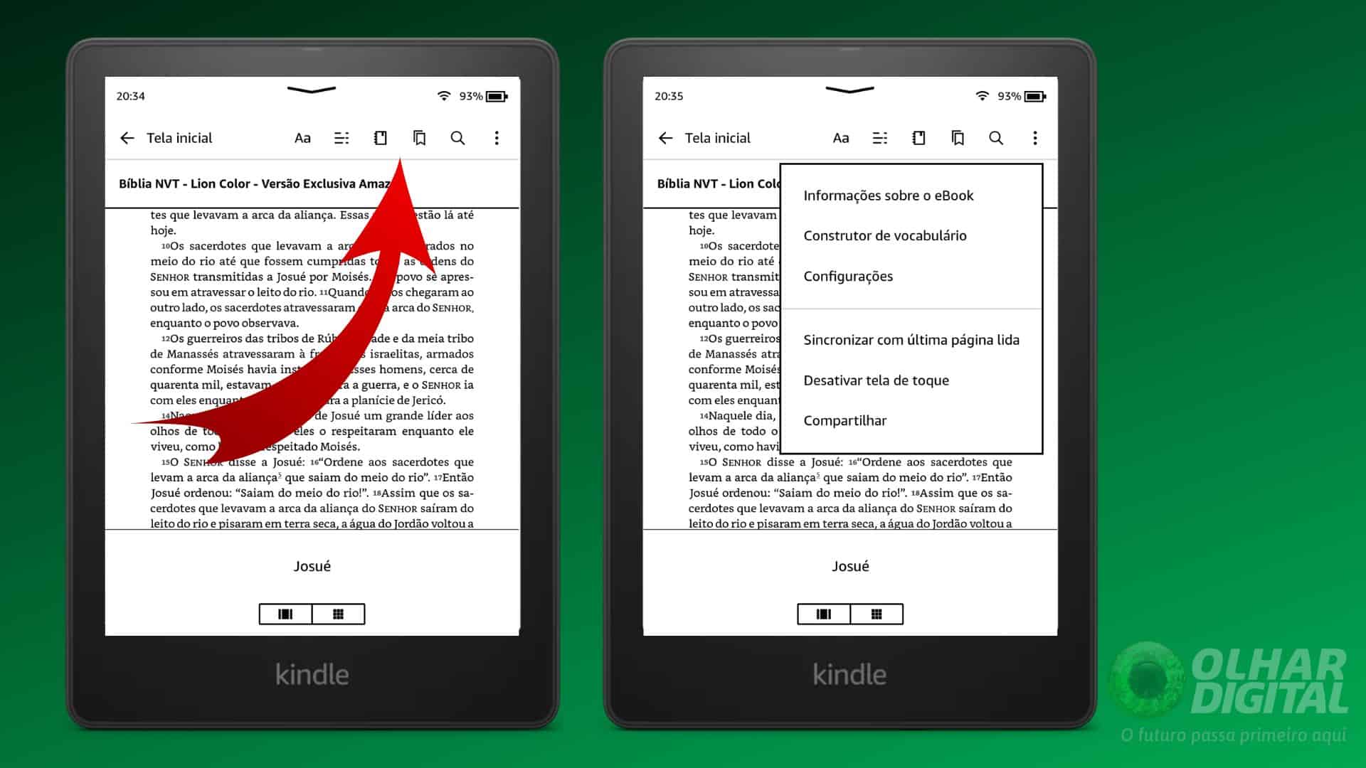 Menu de opções do Kindle