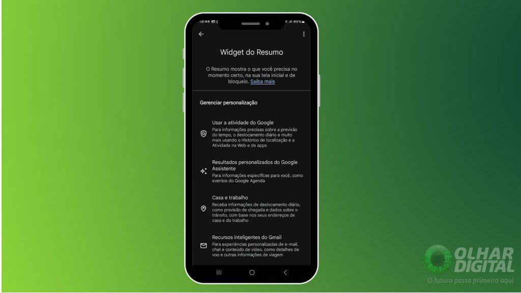 Tela de configurações do widget Resumo