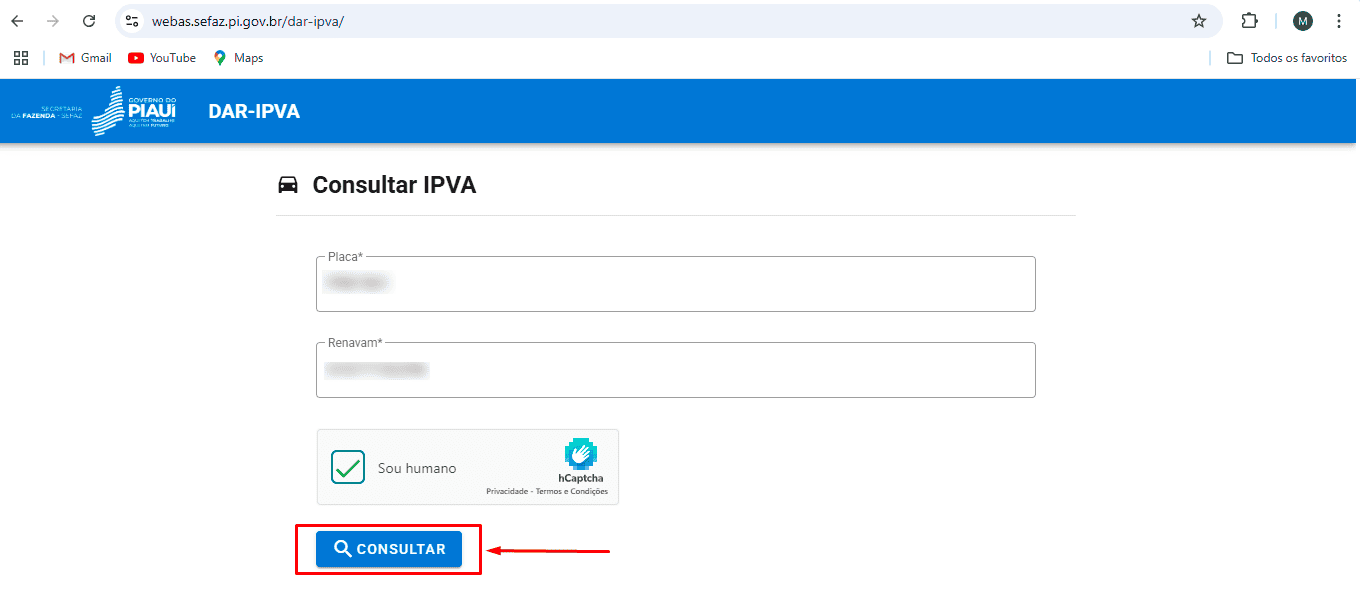 Quinto passo para consultar o IPVA no site da Secretaria da Fazenda do Piauí.