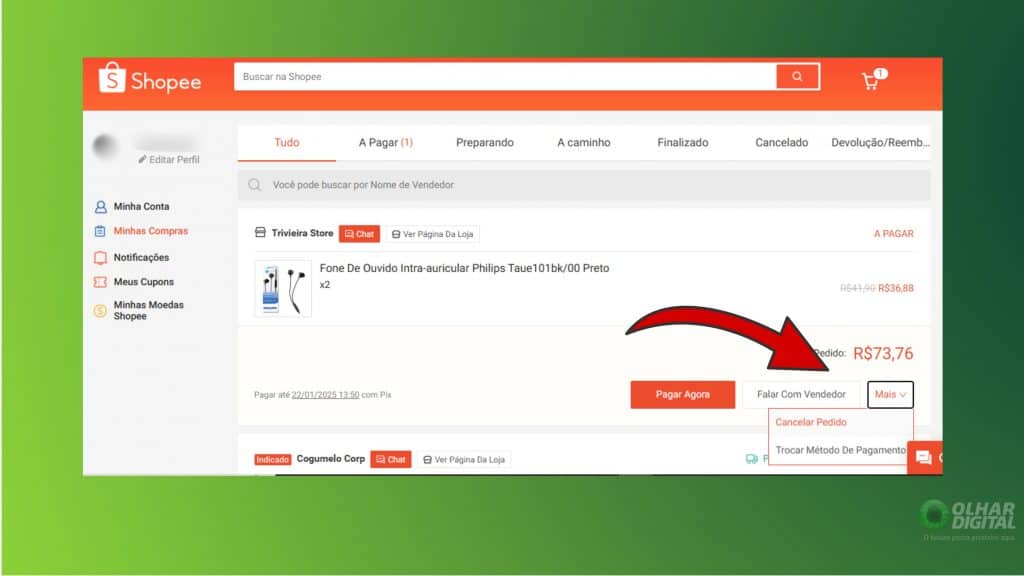 Cancelar pedido pelo site da Shopee