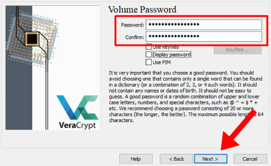 Definindo a senha no VeraCrypt