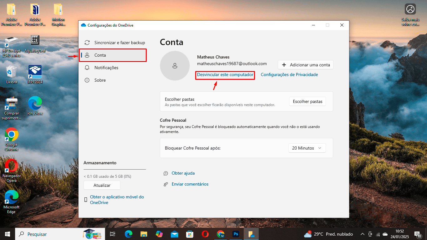 Terceiro passo para desvincular o OneDrive do seu PC