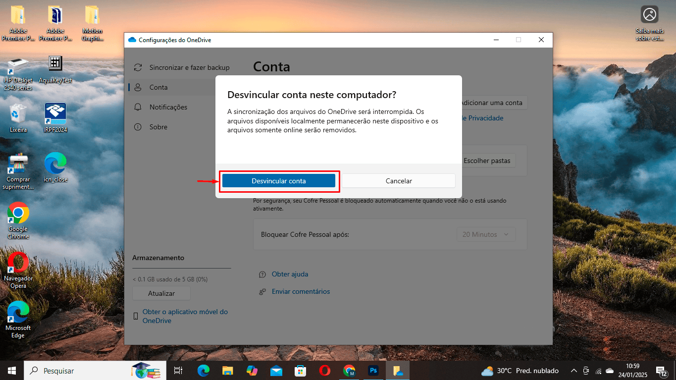 Quarto passo para desvincular o OneDrive do seu PC