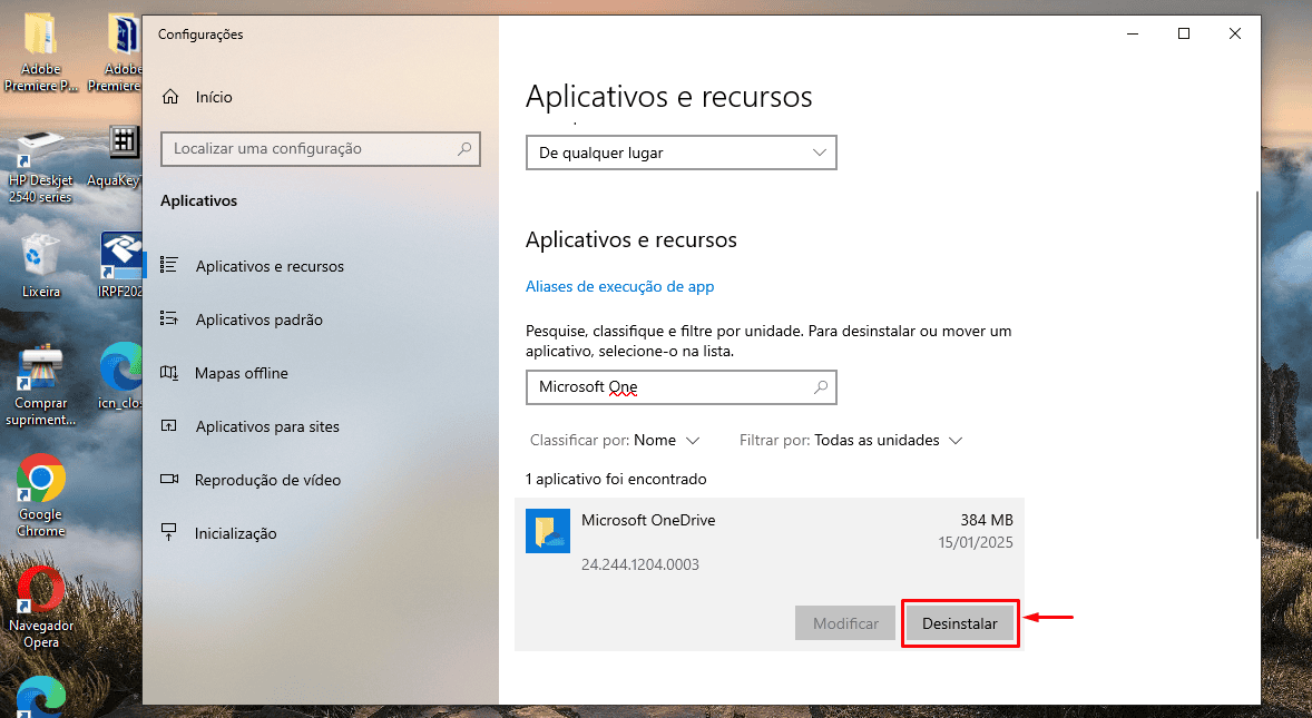 Terceiro passo para desinstalar o OneDrive