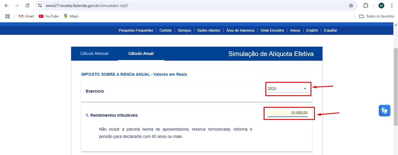 Inserindo rendimentos tributáveis no simulador