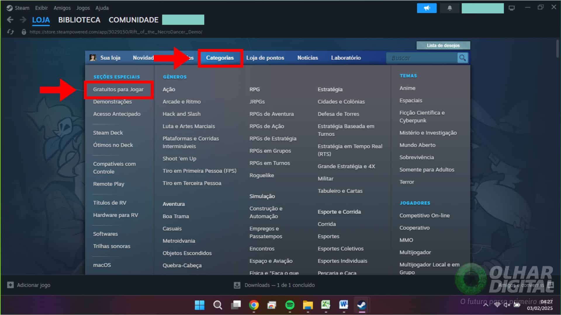 Acesso à categoria de jogos gratuitos na Steam