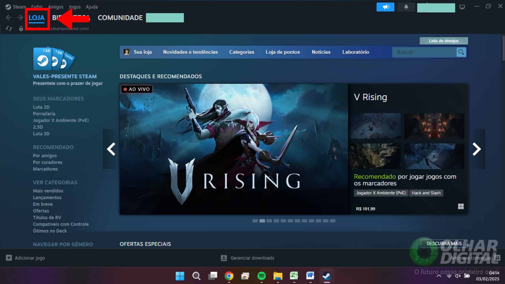 Orientação na aba 'Loja' da Steam