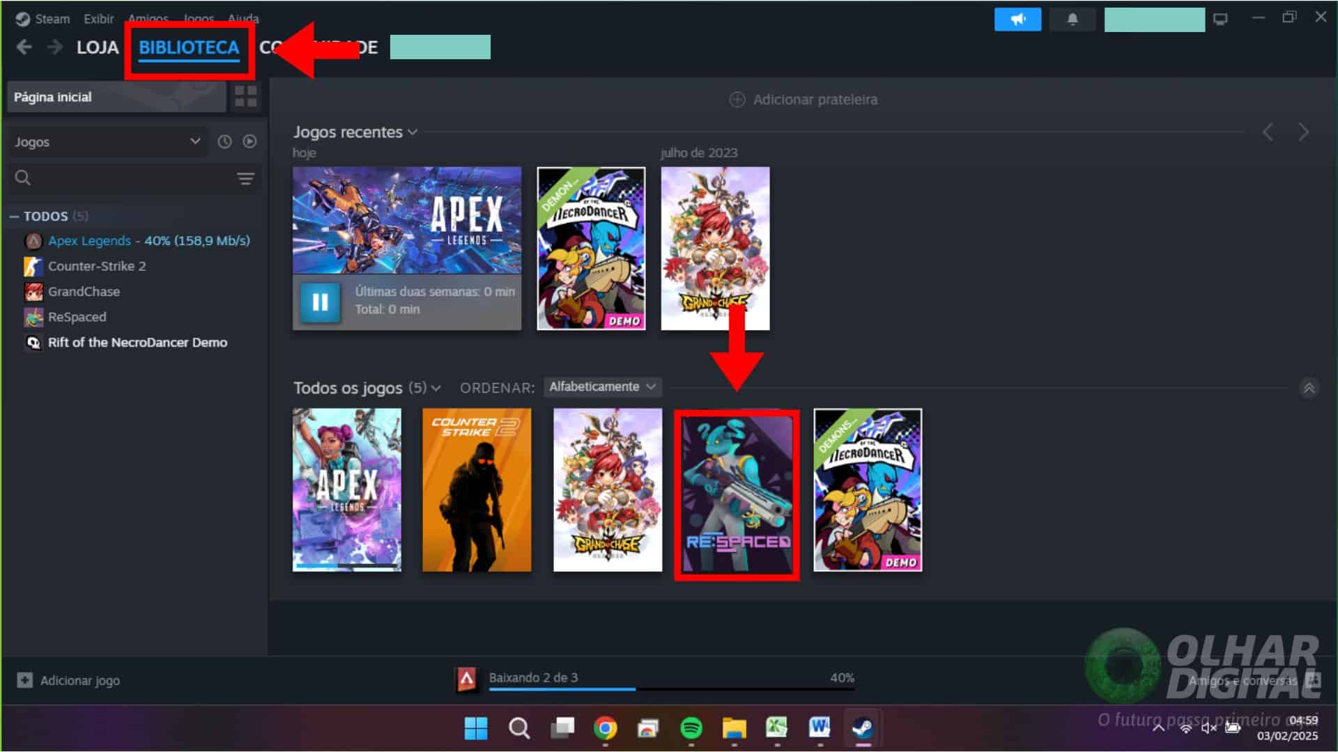Navegando até a biblioteca para instalação do jogo