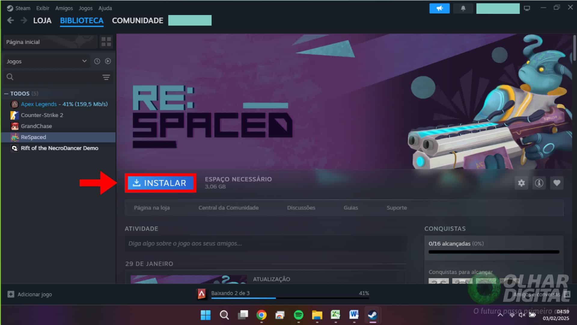Iniciando a instalação do jogo na Steam