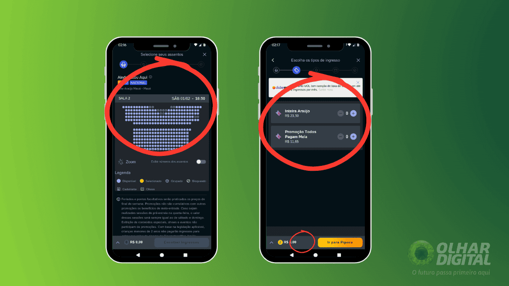 Dois smartphones exibem o aplicativo do Ingresso.com. O fundo é um gradiente verde, e no canto inferior direito está o logo do Olhar Digital.