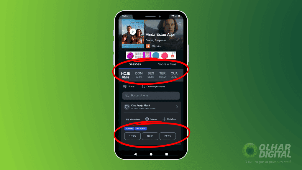 Um smartphone exibe o aplicativo do Ingresso.com aberto. O fundo tem um gradiente verde e contém o logo do Olhar Digital.
