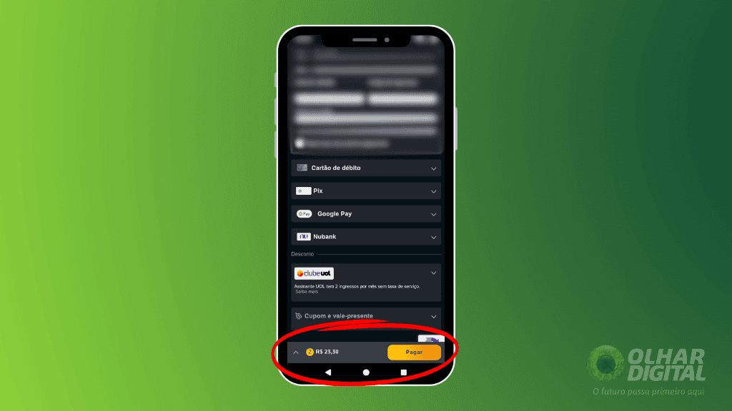 Um smartphone exibe o aplicativo do Ingresso.com. O fundo é verde, com o logo do Olhar Digital no canto inferior direito.