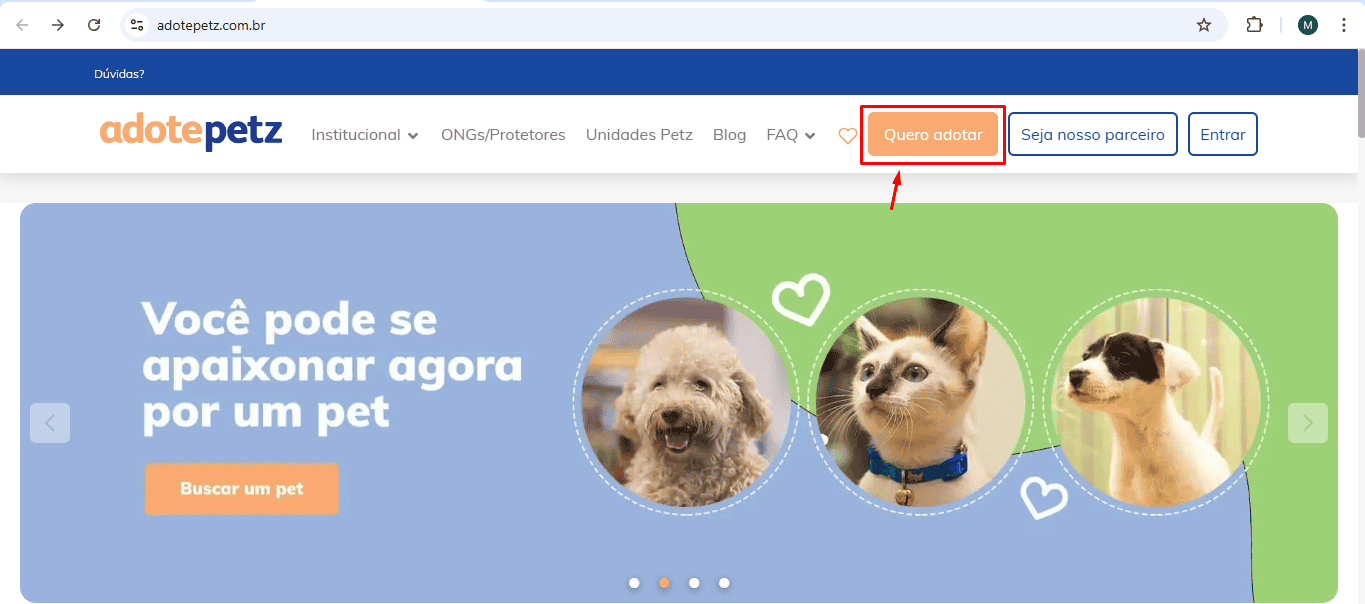 Passo 1 para encontrar um cão ou gato para adoção no Adote Petz