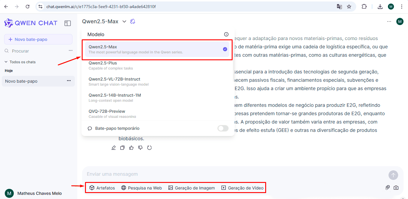 Explorando recursos do Qwen Chat