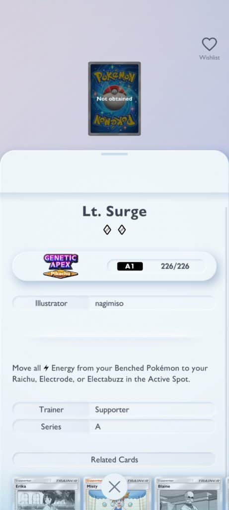 Detalhes sobre a carta 226, Lt. Surge, no Pokémon TCG Pocket.