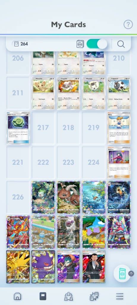 Exibição de cartas não coletadas no Pokémon TCG Pocket.