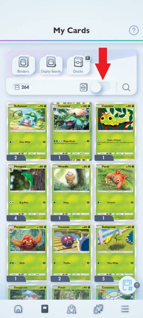 Visual do aplicativo Pokémon TCG Pocket mostrando a coleção de cartas.