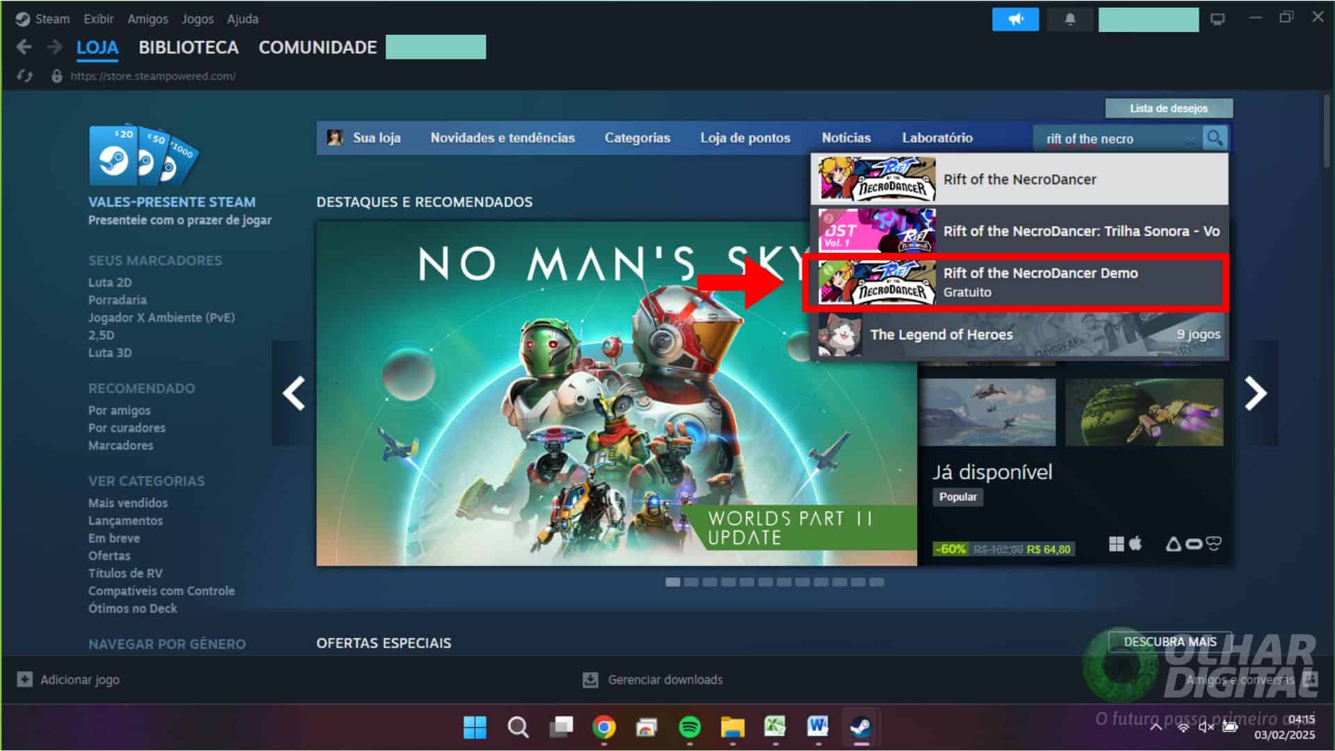 Tutorial ilustrativo focado na busca de jogos gratuitos na Steam