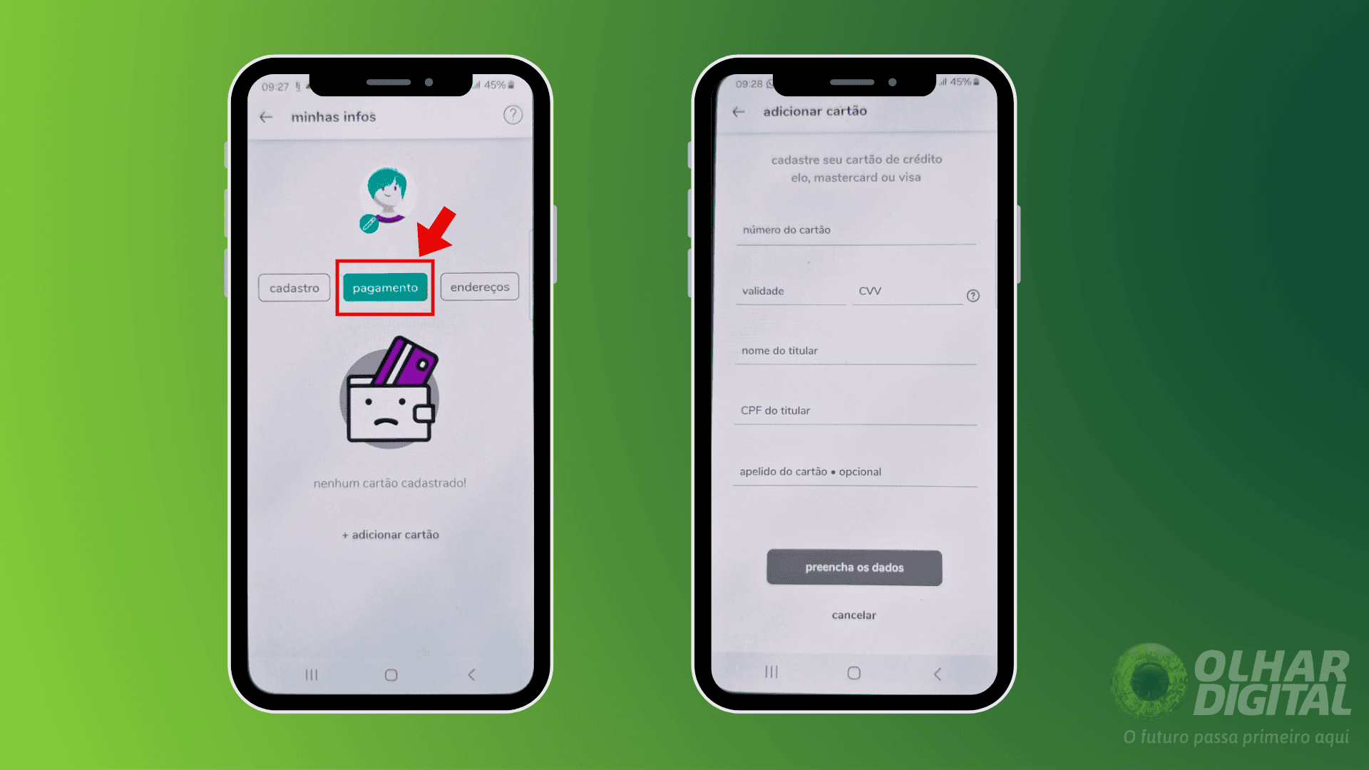 Passo 2 para adicionar cartão de crédito no Aiqfome