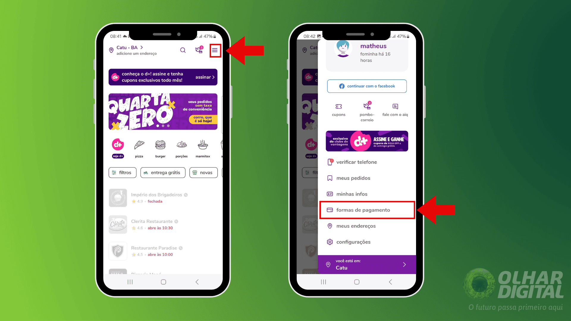 Passo 1 para adicionar cartão de crédito no Aiqfome