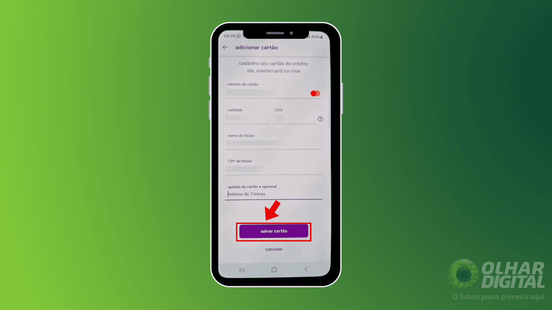 Passo 3 para adicionar cartão de crédito no Aiqfome