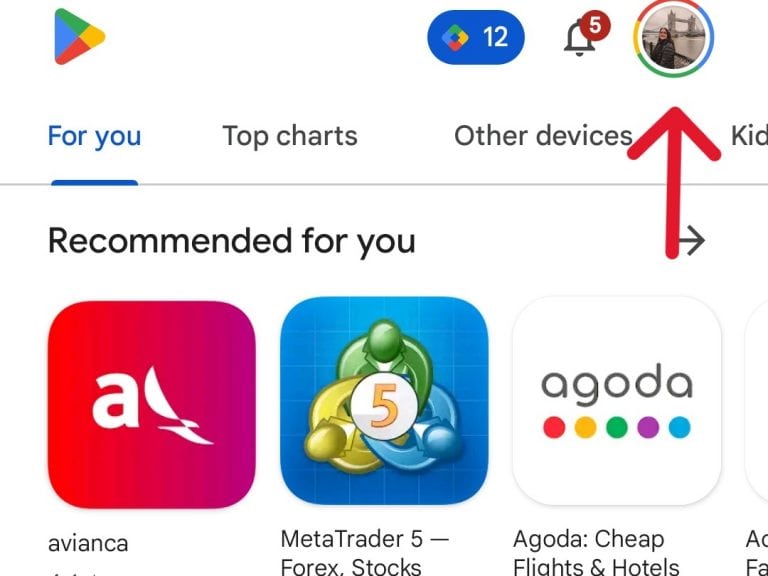 Menu de perfil no Google Play Store