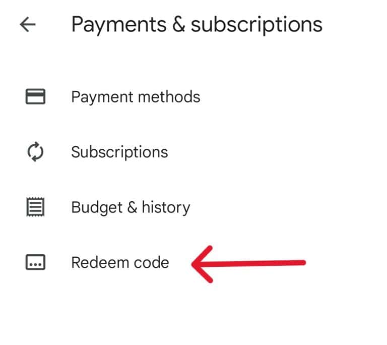 A opção Resgatar Código no Google Play