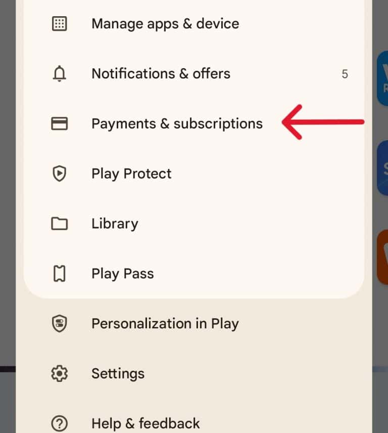 Menu de Pagamentos e Assinaturas no Google Play