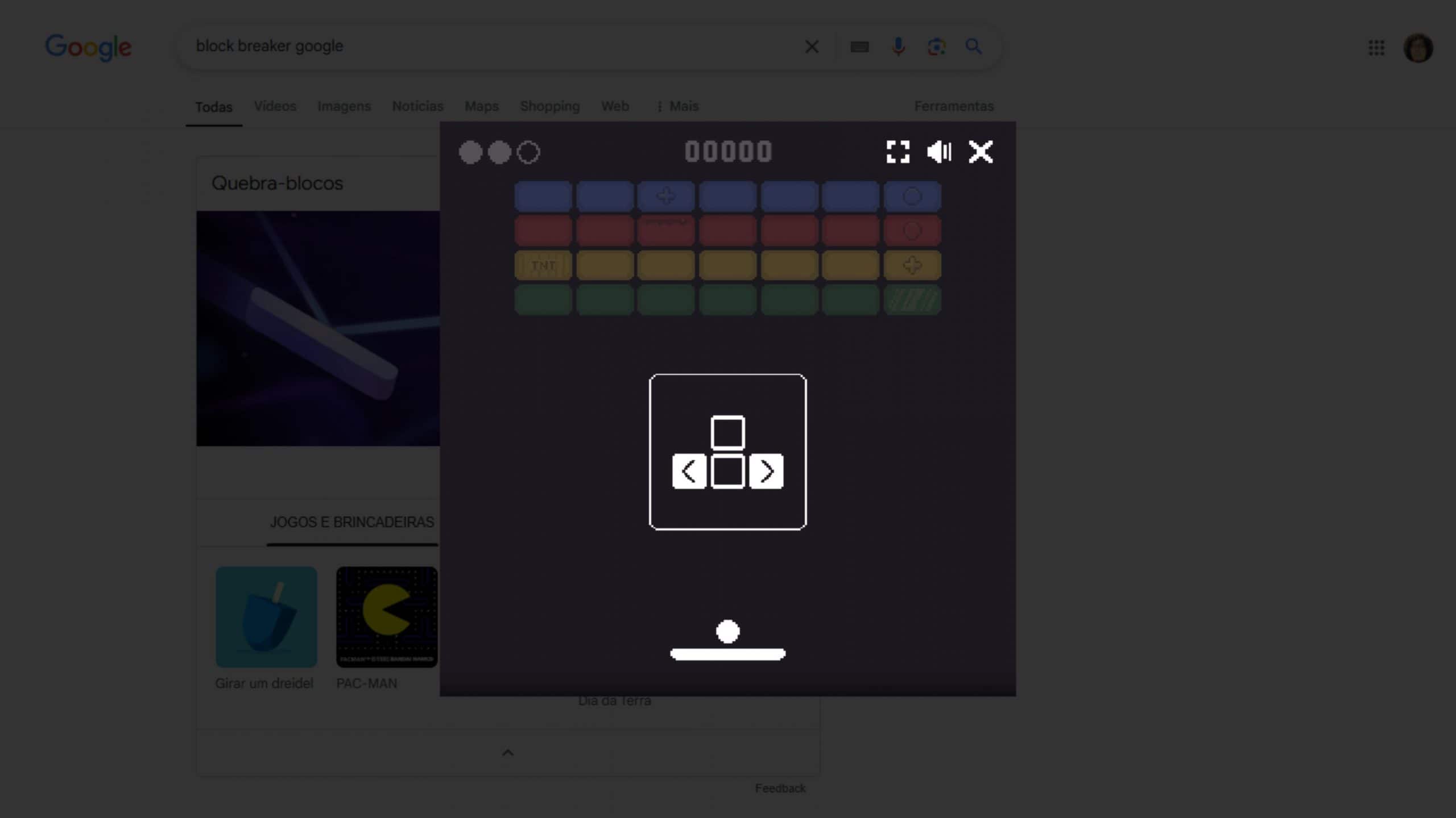 Exibição do jogo Block Breaker no Google