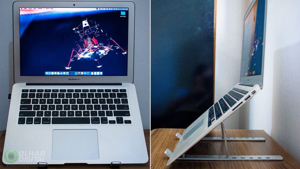 4 sugestões para cuidar do laptop e evitar quedas ou riscos Guia Região dos Lagos 6 Notebook em um suporte, proporcionando melhor ventilação e segurança durante o uso.