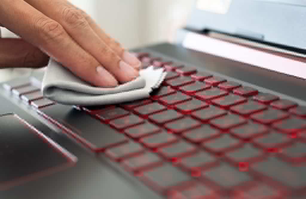 4 sugestões para cuidar do laptop e evitar quedas ou riscos Guia Região dos Lagos 8 Limpeza de notebook sendo realizada com um pano macio, demonstrando cuidado na manutenção.