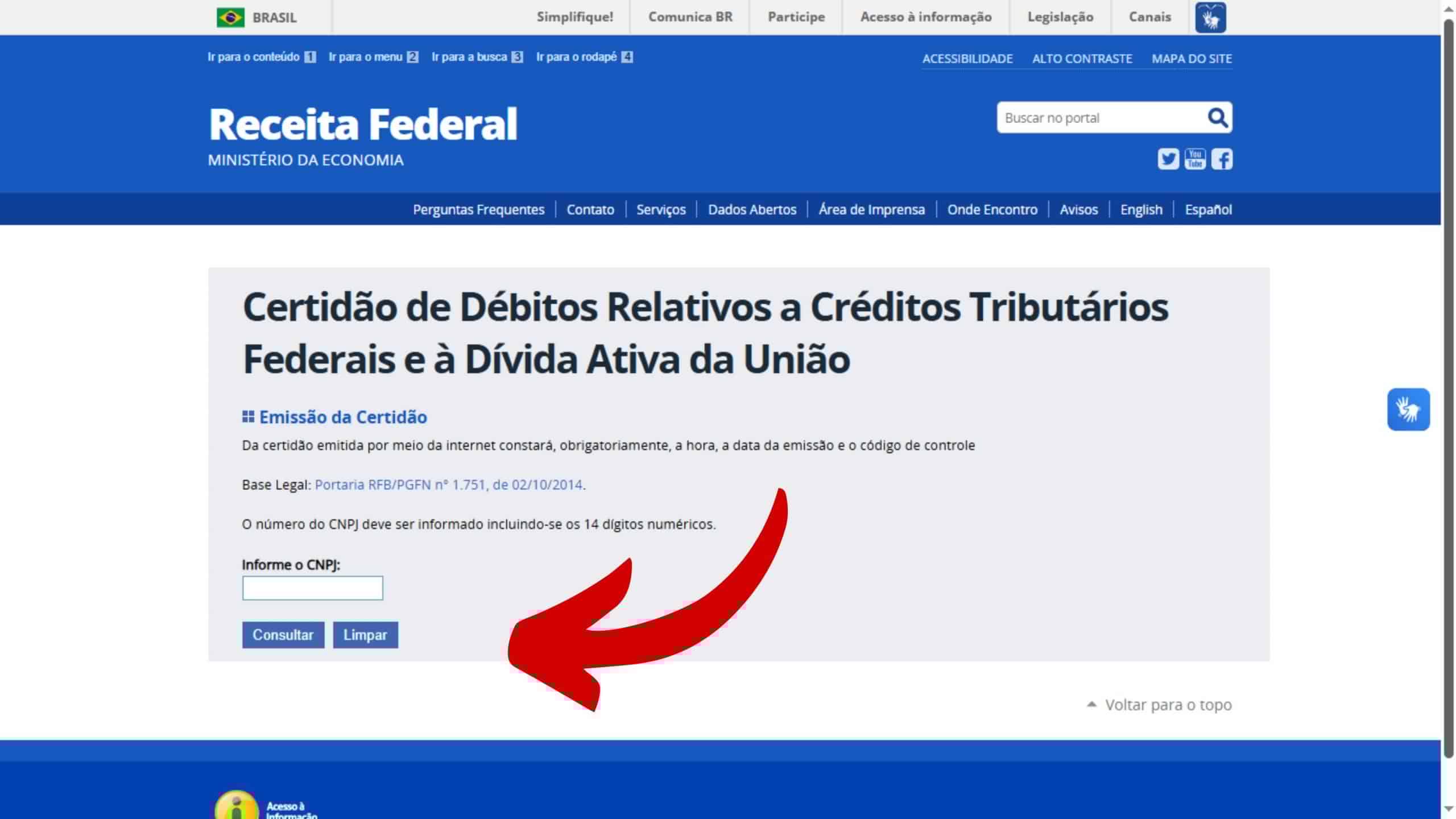 Tela de consulta para emissão da CND no site da Receita Federal