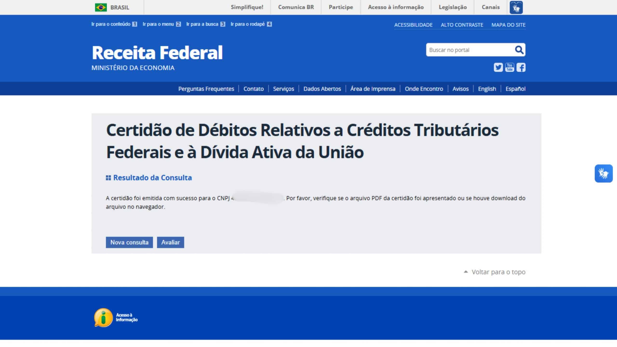 Processo de download da Certidão Negativa de Débito Federal