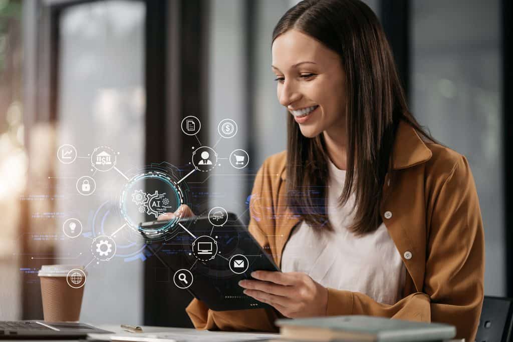 6 maneiras de usar seu tablet para melhorar sua rotina diária Guia Região dos Lagos 9 Mulher feliz utilizando um tablet