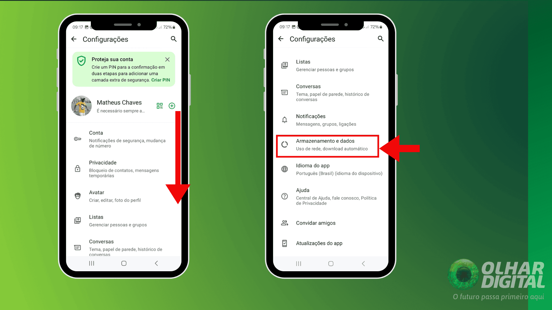 Acessando as opções de armazenamento do WhatsApp