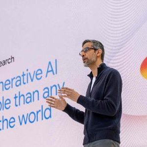Sundar Pichai, CEO do Google, em apresentação durante o evento Google I/O 2025