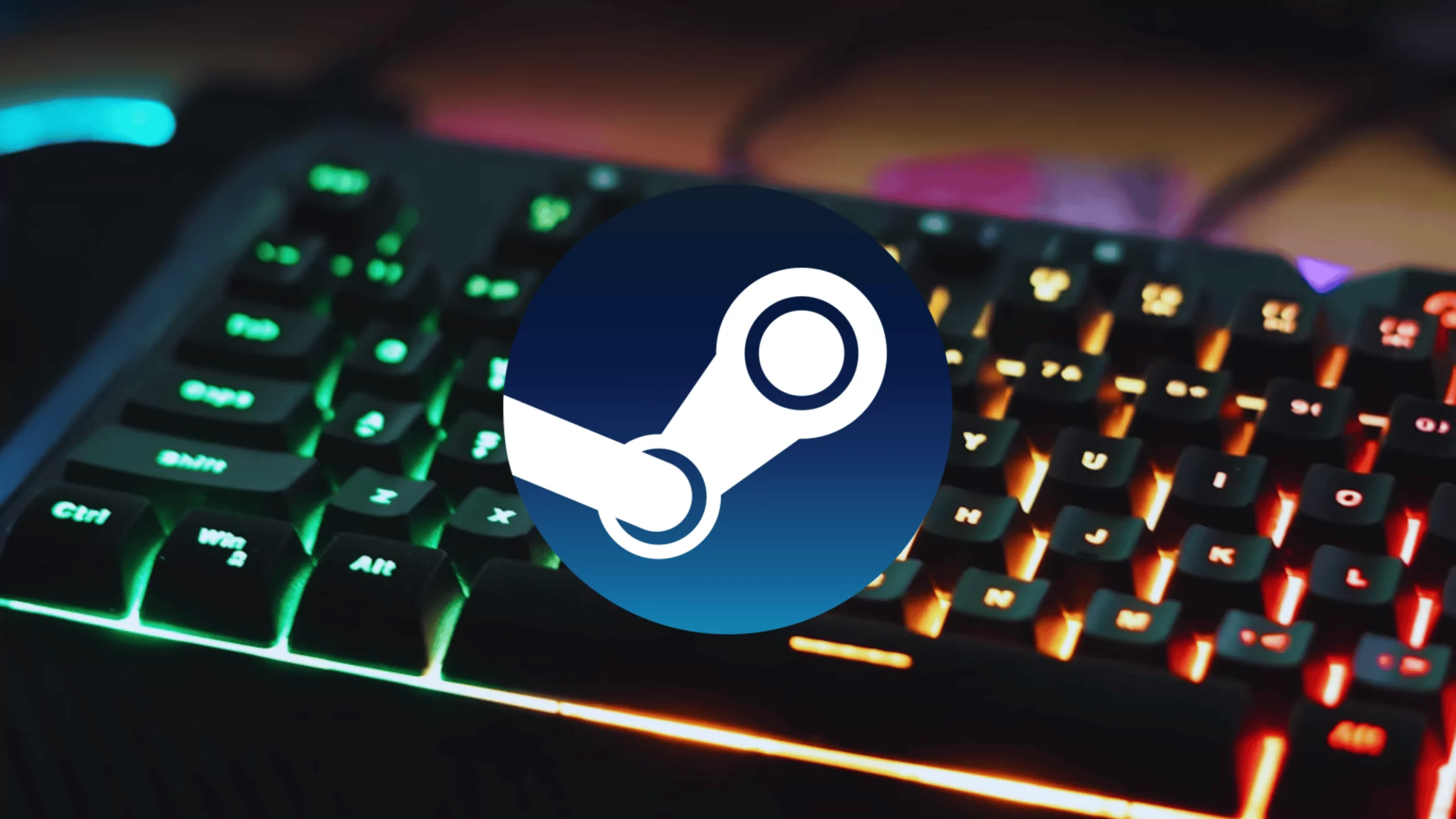 montagem mostra um teclado gamer no fundo com luzes rgb e o simbolo do steam no centro de forma destacada