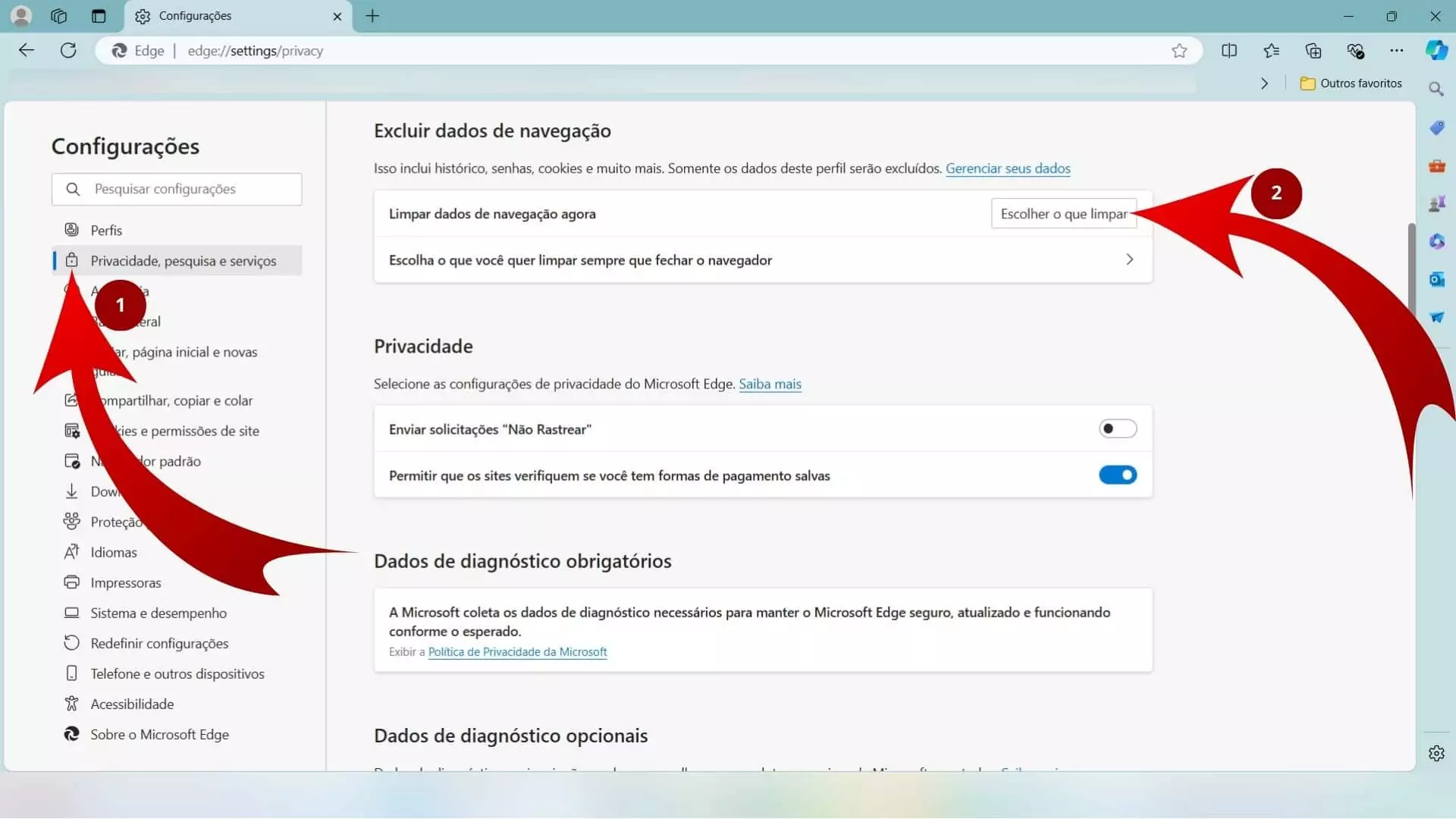 Configurações de privacidade do Microsoft Edge