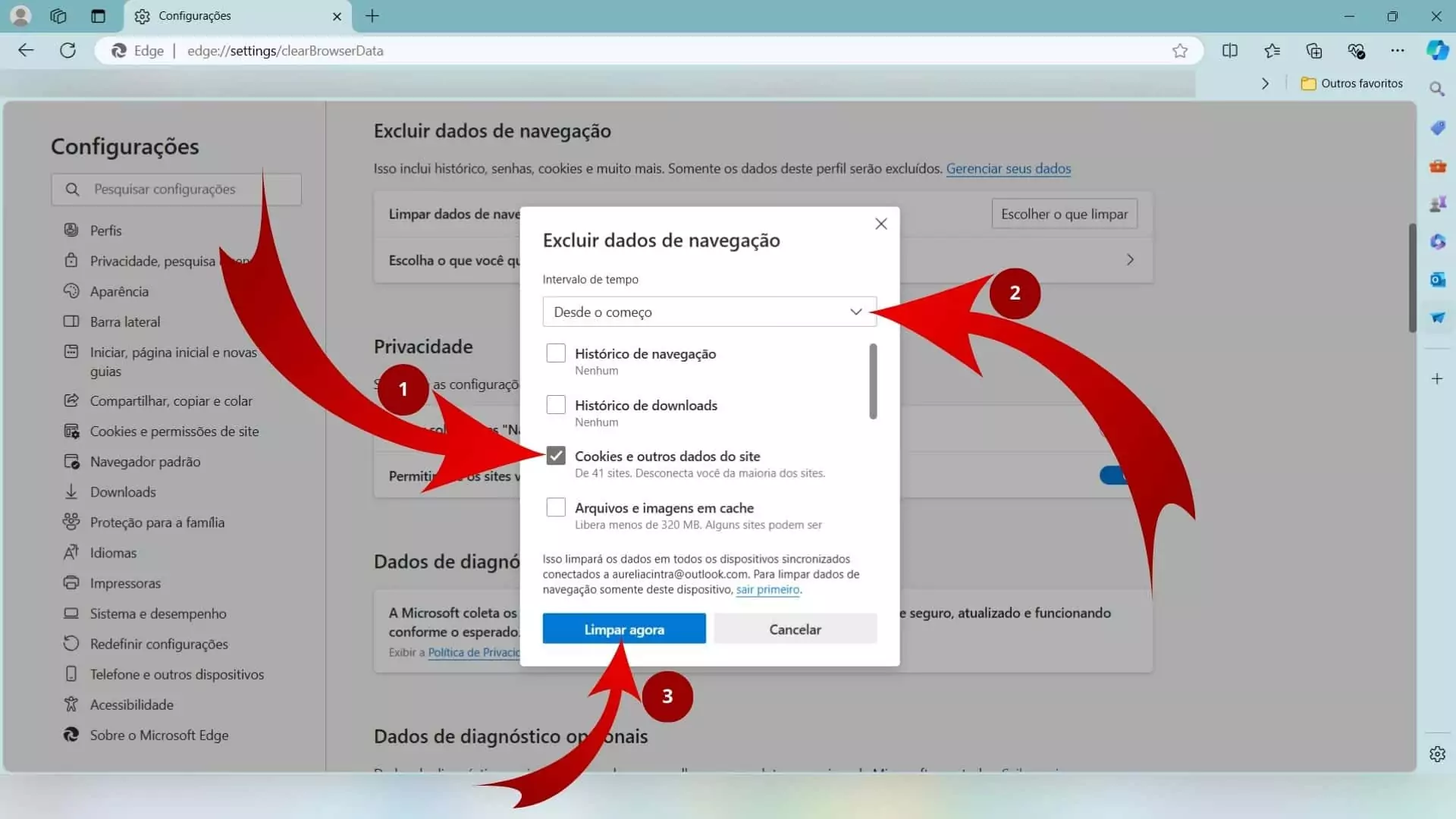 Confirmação de exclusão de cookies no Microsoft Edge