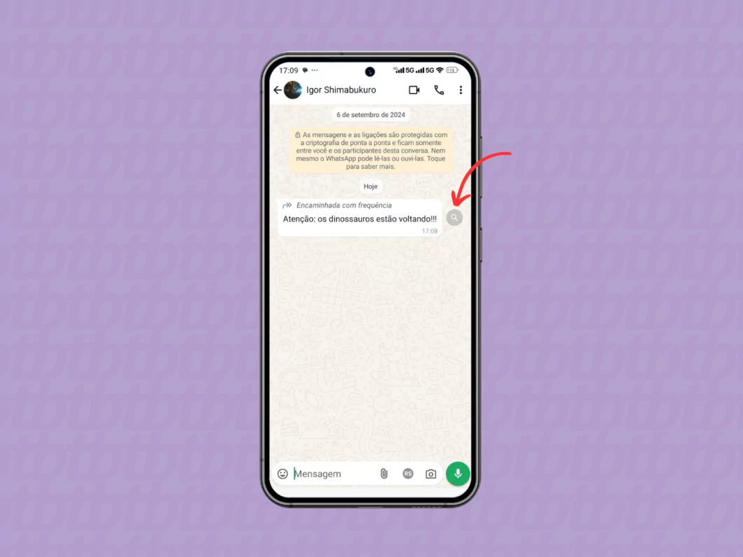 Acionando a lupa de pesquisa de uma mensagem no WhatsApp